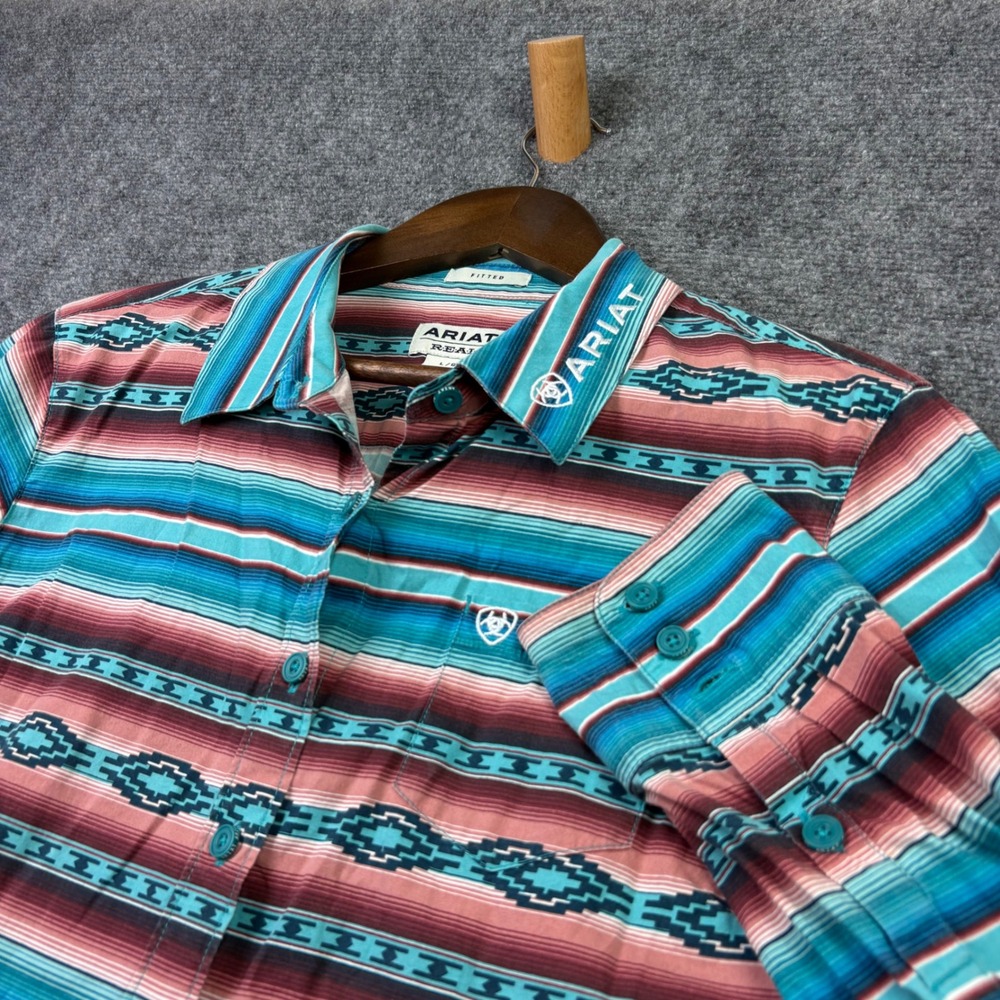 Ariat Real Western Shirt Womens L Blue Pink Serape Stripe Fitted Long Sleeve L/G